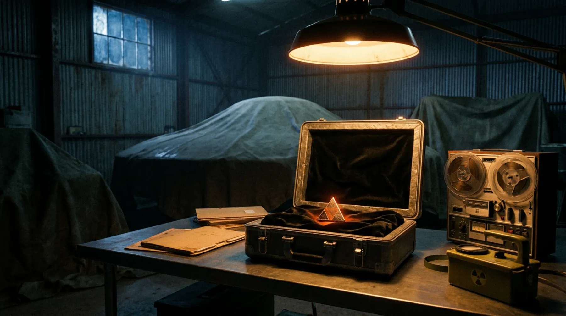 A dim corrugated hangar at night: under a hanging work lamp, an open lead-lined case holds a small triangular metal wafer glowing orange; folders, a reel-to-reel recorder and a radiation meter sit on the bench, and a large disc shape hides under a tarp behind.
